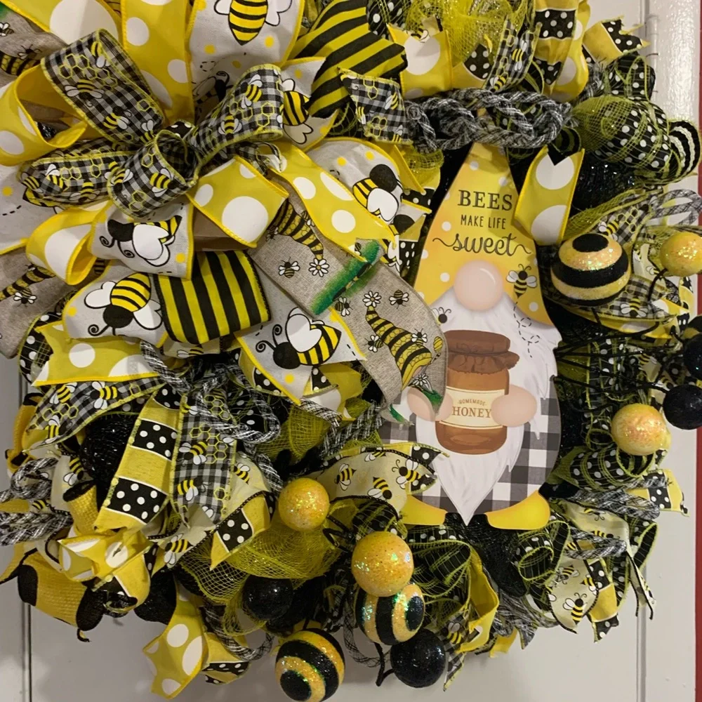 Hand Crafted Yellow and Black Holiday Wreath with Bee Accents